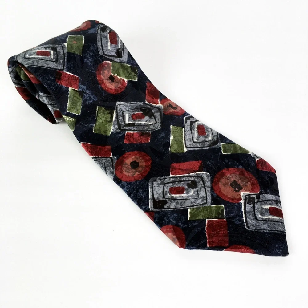 Halston Retro Abstract Navy Italian Silk Neck Tie